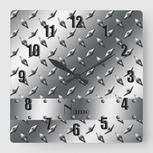 Personalized with your name diamond plate steel square wall clock (Front)