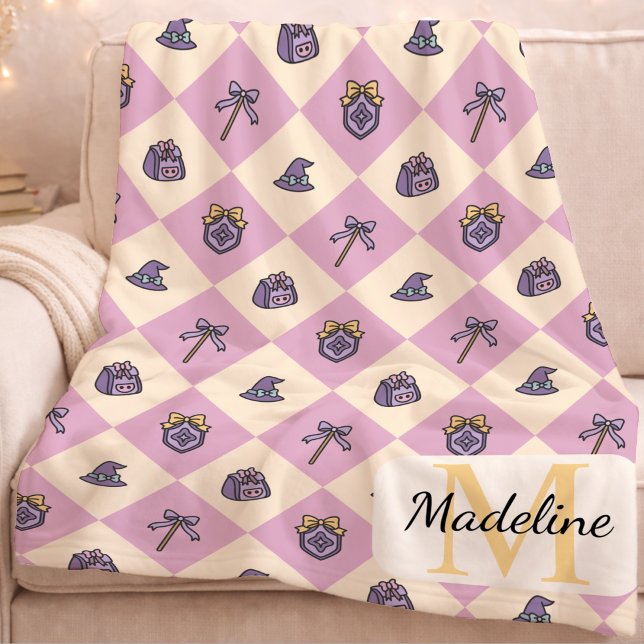 Personalized Wizard School Monogram Name Pink Fleece Blanket (Creator Uploaded)