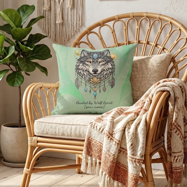 Personalized Wolf Spirit Sage Green Boho  Throw Pillow (Personalized wolf spirit sage green boho throw pillow, mystical tribal wolf home décor cushion)