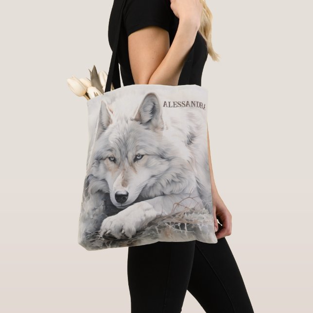 Personalized Wolf Tote Bag – Custom Name Gift (Close Up)