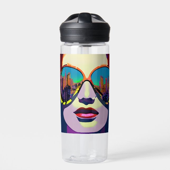 Personalized Woman in Sunglasses City Reflection  Water Bottle (Front)