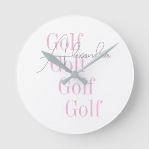 Personalized Women's Golf Pink Typography Round Clock