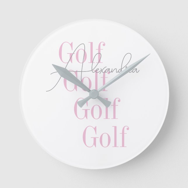 Personalized Women's Golf Pink Typography  Round Clock (Front)