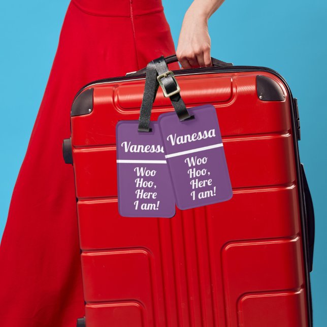 Personalized Woo Hoo | Funny Luggage Tag (modern funny luggage tags in bright and colorful purple for traveller gift in a minimalist design)