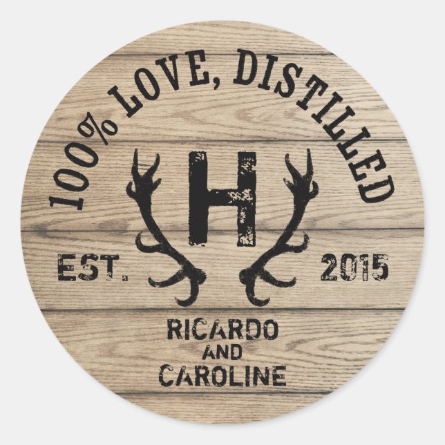 Personalized Wood Bourbon Barrel Wedding Monogram Classic Round Sticker (Front)