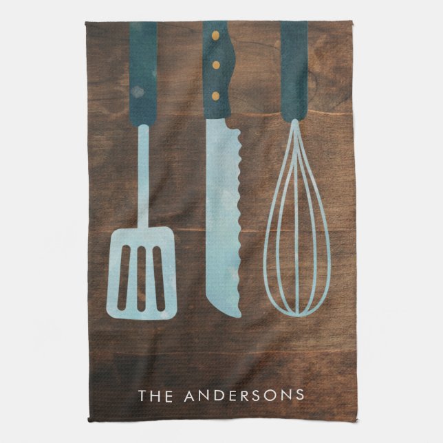 Personalized Wood Kitchen Utensils Family Name Kitchen Towel (Vertical)