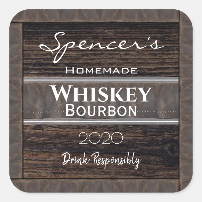 Personalized Wood & Leather Square Sticker (Front)