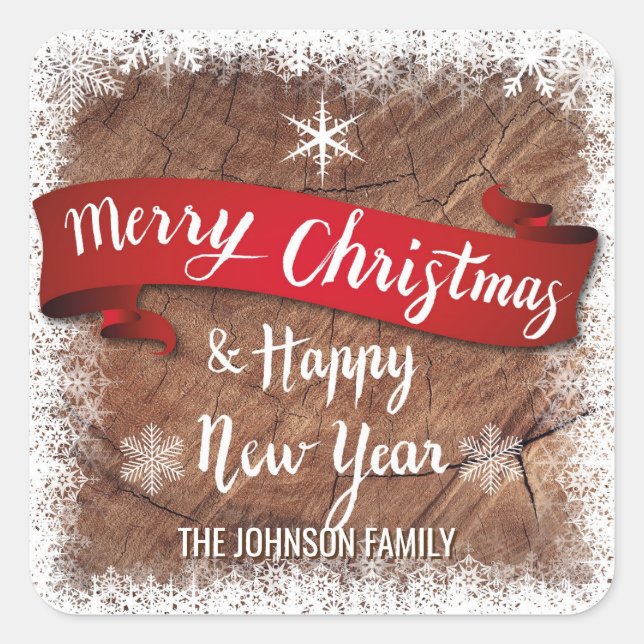 Personalized Wood Rustic MERRY CHRISTMAS New Year Square Sticker (Front)