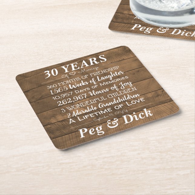Personalized Wood Wedding Anniversary Milestones Square Paper Coaster (Angled)