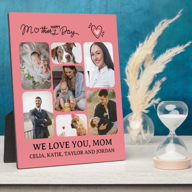 Personalized Wooden Photo Plaque Gift for Mom (Personalized Mom's Day Gift: 7-Photo Collage Pink Plaque with Easel)