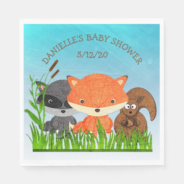 Personalized Woodland Animals Baby Shower Napkins (Front)