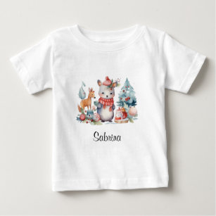 Personalized Woodland Animals Christmas Watercolor Baby T-Shirt