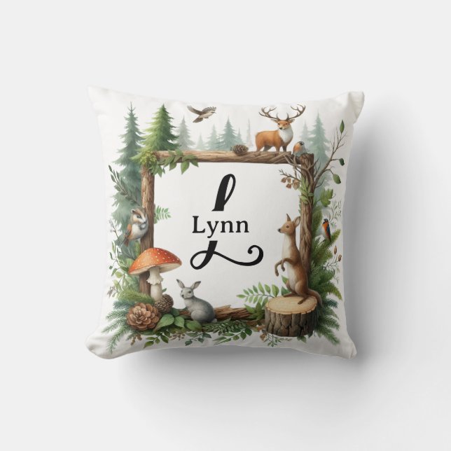 Personalized Woodland Animals Monogram Throw Pillow (Front)