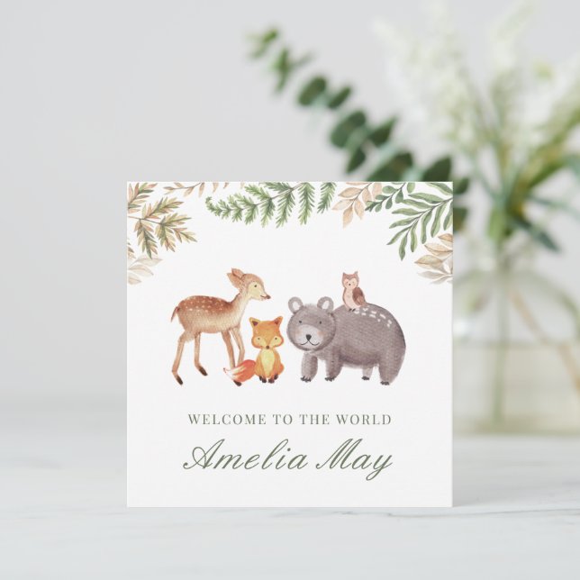 Personalized Woodland Animals New Baby Card (Standing Front)