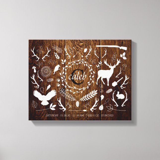 Personalized Woodland Baby Boy Nursery Birth Stats Canvas Print (Front)