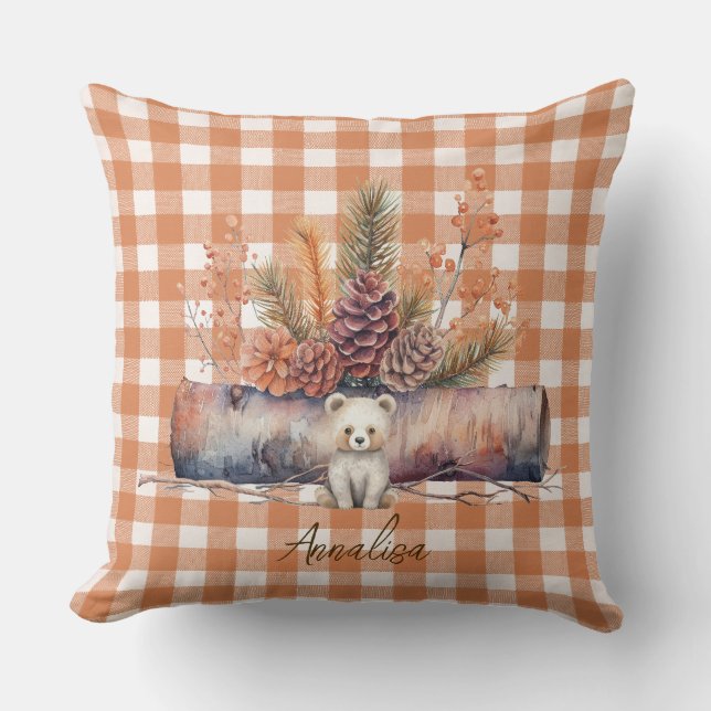 Personalized Woodland Bear Gingham Fall  Throw Pillow (Front)