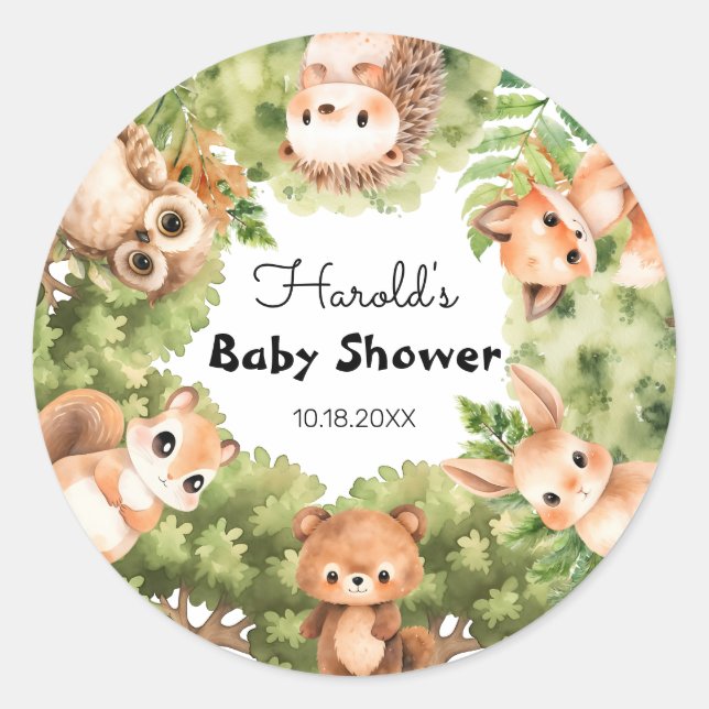 Personalized Woodland Boy Baby Shower Envelope Classic Round Sticker (Front)