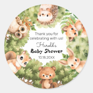 Personalized Woodland Boy Baby Shower Favours Classic Round Sticker