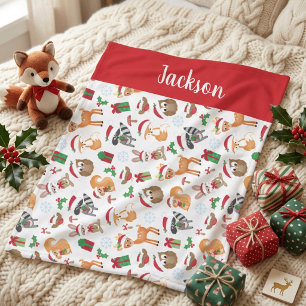 Personalized Woodland Christmas Animals Kids Fleece Blanket
