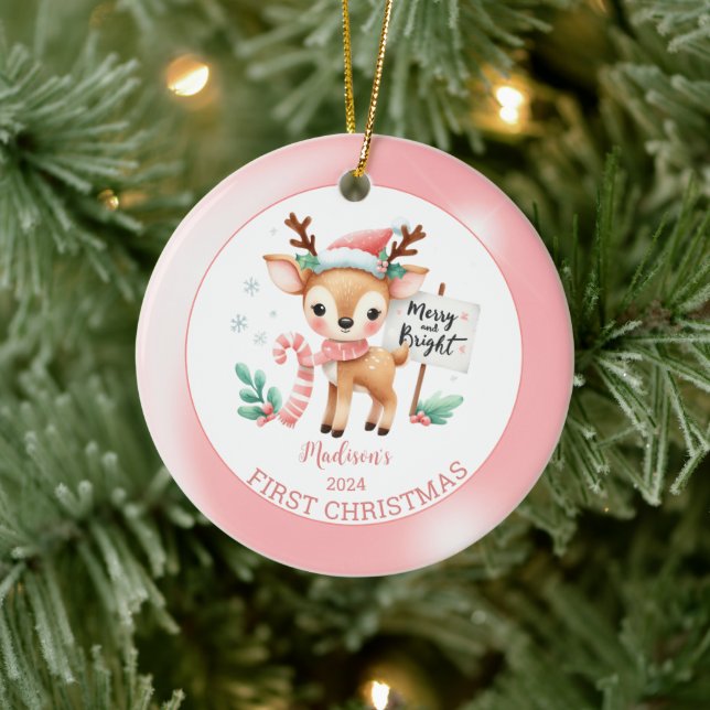 Personalized Woodland Deer Christmas  Ceramic Ornament (Tree)
