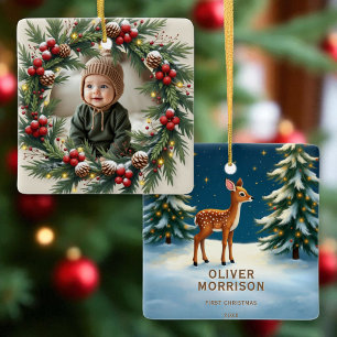 Personalized Woodland First Christmas Baby Deer Ceramic Ornament