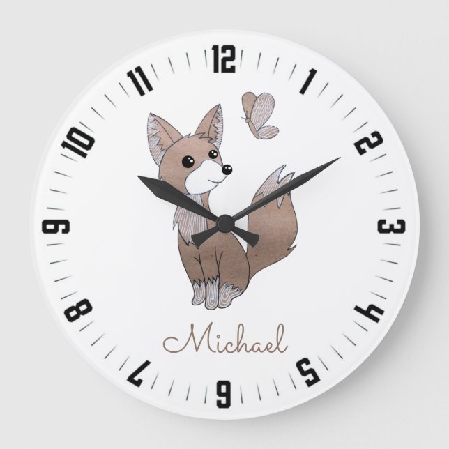 Personalized Woodland Fox And Butterfly Nursery Large Clock (Front)