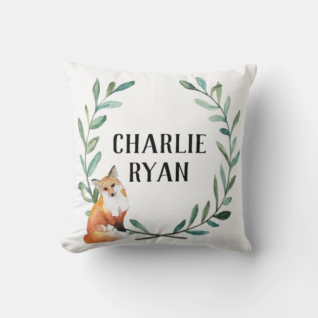 Personalized Woodland Fox and Wreath Pillow (Front)