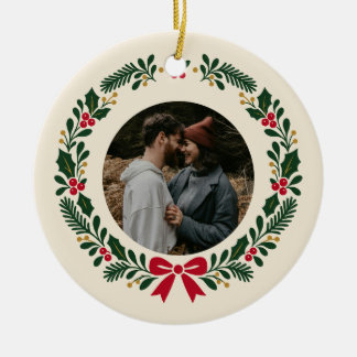 Personalized Woodland Fox Couple Christmas Photo Ceramic Ornament