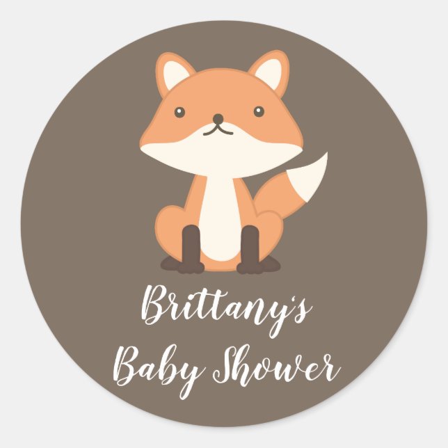 Personalized Woodland Fox Forest Baby Shower Classic Round Sticker (Front)
