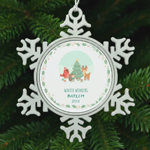Personalized Woodland Friends  Snowflake Pewter Christmas Ornament