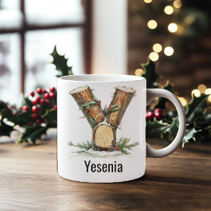 Personalized Woodland Log Monogram Y Christmas Coffee Mug