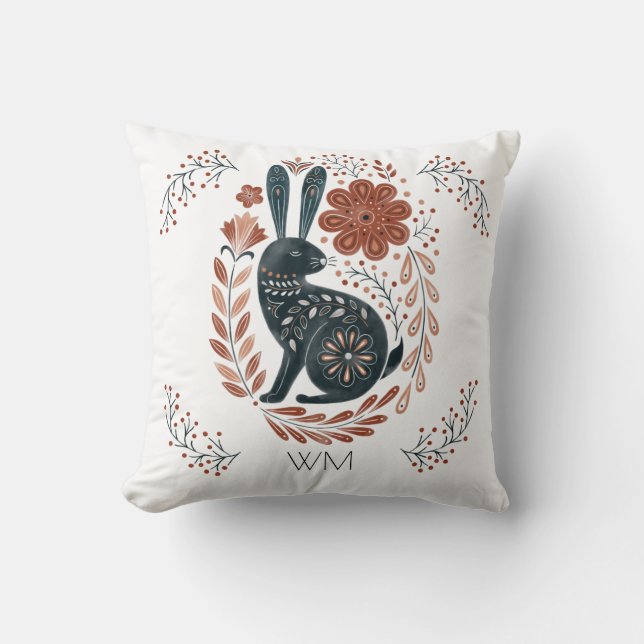 Personalized Woodland Rabbit Folk Art Throw Pillow (Front)