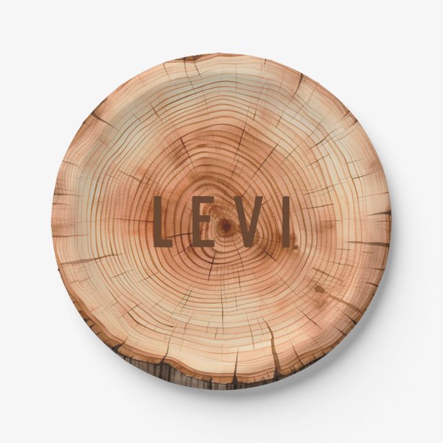 Personalized Woodland Rustic Cut Tree Grain Paper Plate (Front)