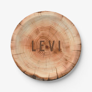 Personalized Woodland Rustic Cut Tree Grain Paper Plate