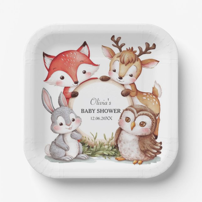 Personalized Woodland Themed Baby Shower Paper Plate (Front)