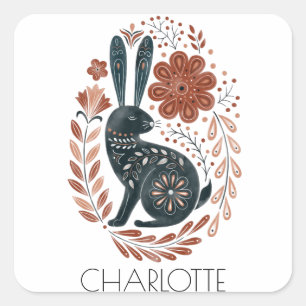 Personalized Woodlands Rabbit Illustrated Folk Art Square Sticker