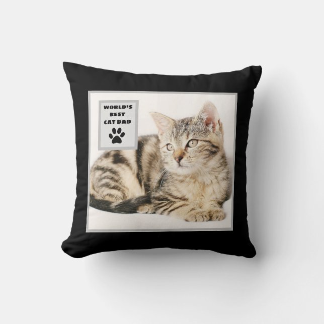 Personalized World's Best Cat Dad Custom Photo Throw Pillow (Front)