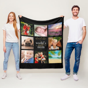 Personalized Worlds Best Mom 8 Photo Collage Fleece Blanket