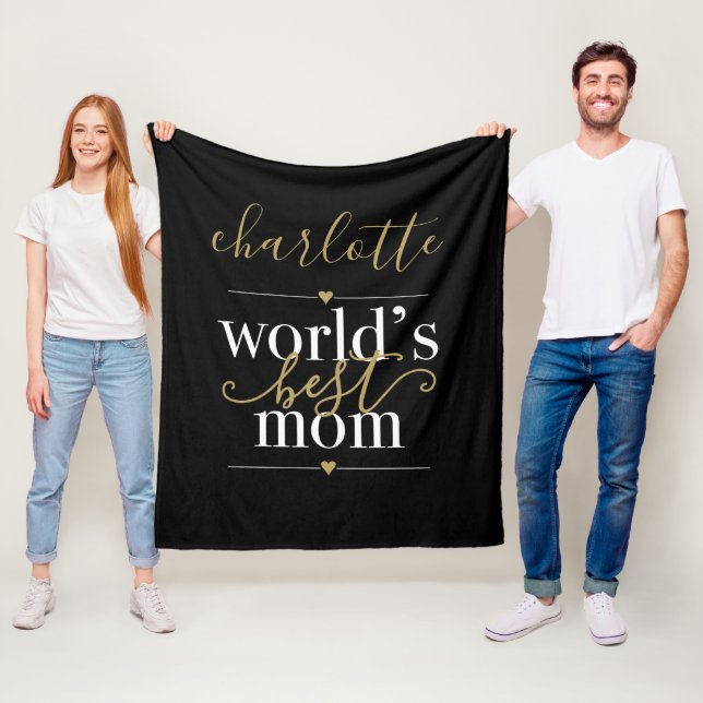 Personalized Worlds Best Mom Black And Gold Fleece Blanket (In Situ)