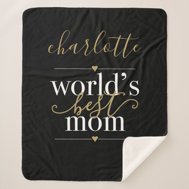 Personalized Worlds Best Mom Black And Gold Sherpa Blanket (Front)