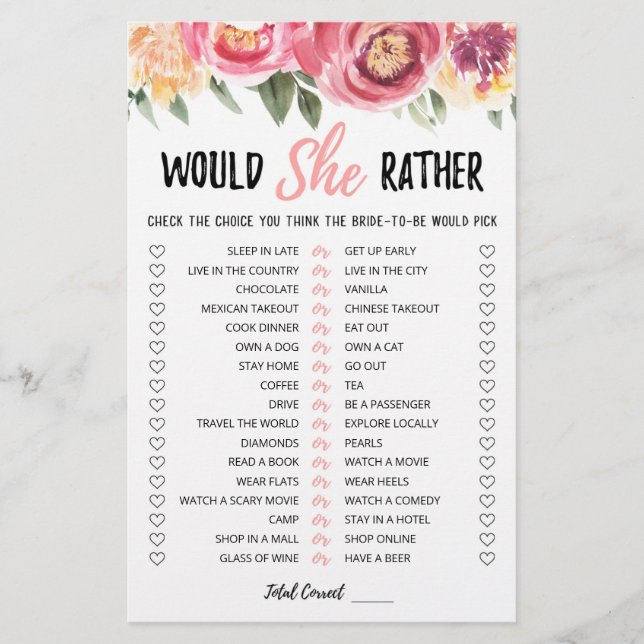 Personalized Would She Rather Bridal Shower game (Front)