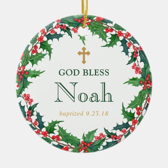 Personalized Wreath Baptism Gift God Bless Ceramic Ornament (Front)