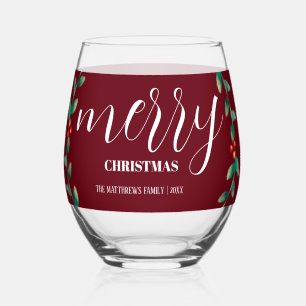 Personalized Wreath Burgundy Merry Christmas Name  Stemless Wine Glass