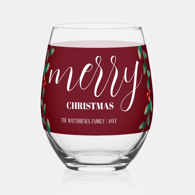 Personalized Wreath Burgundy Merry Christmas Name  Stemless Wine Glass (Front)