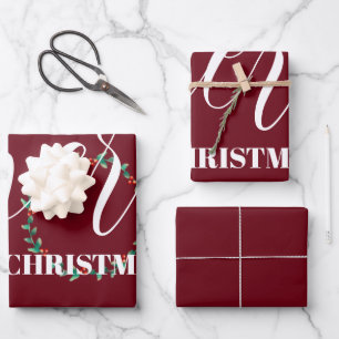 Personalized Wreath Merry Christmas Burgundy  Wrapping Paper Sheet