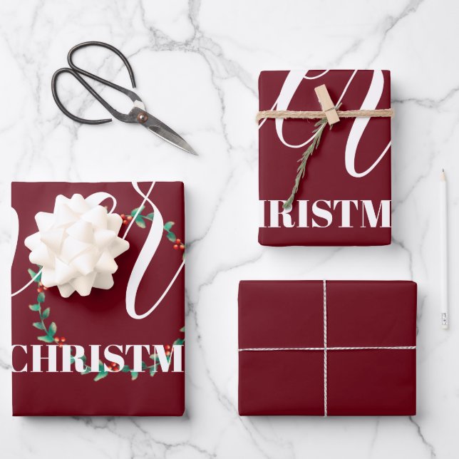 Personalized Wreath Merry Christmas Burgundy  Wrapping Paper Sheet (Front)