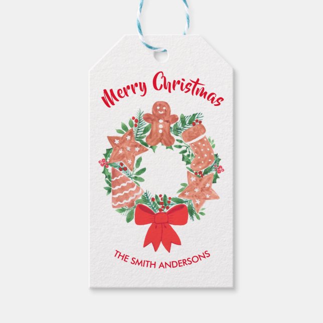 Personalized Wreath Merry Christmas  Gift Tags (Front)