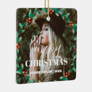 Personalized Wreath Merry Christmas Photo Script  Ceramic Ornament