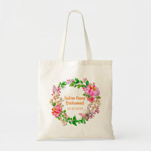 Personalized Wreath Watercolor Pink Floral Wedding Tote Bag
