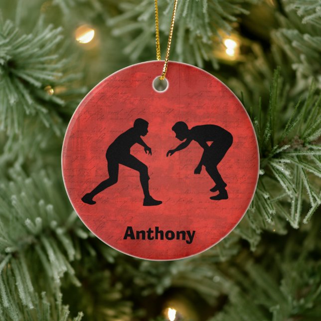 Personalized Wrestler Silhouettes Christmas Ceramic Ornament (Tree)